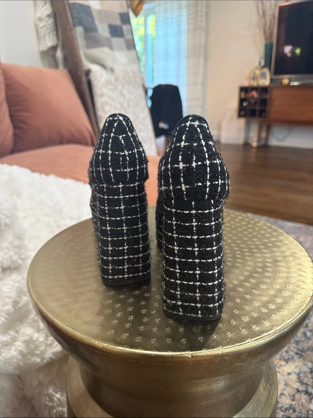 Larroude Black and White Tweed Mary Jane Platform Pumps